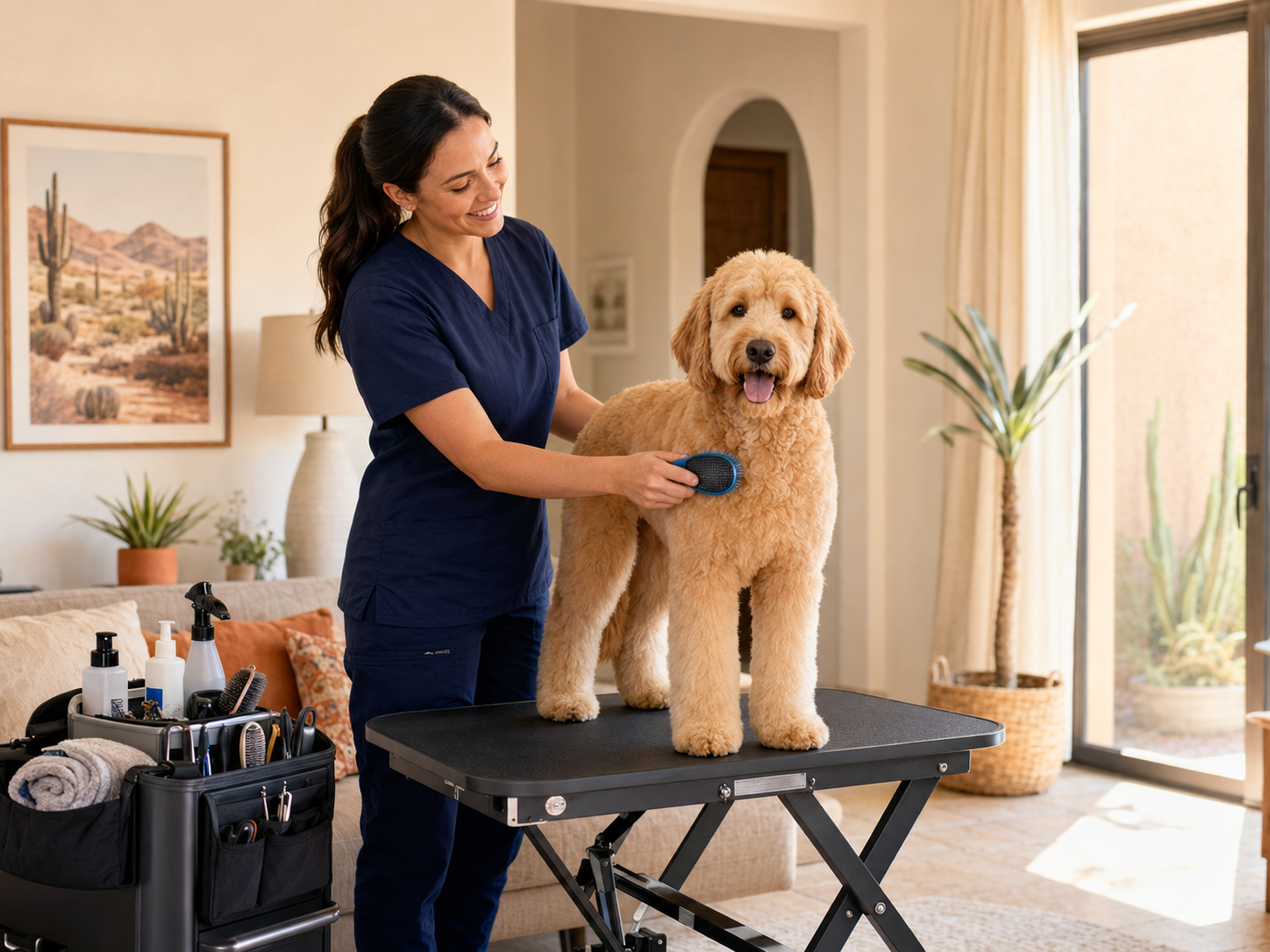 A dog receiving gentle grooming on a portable table inside a Maricopa home
